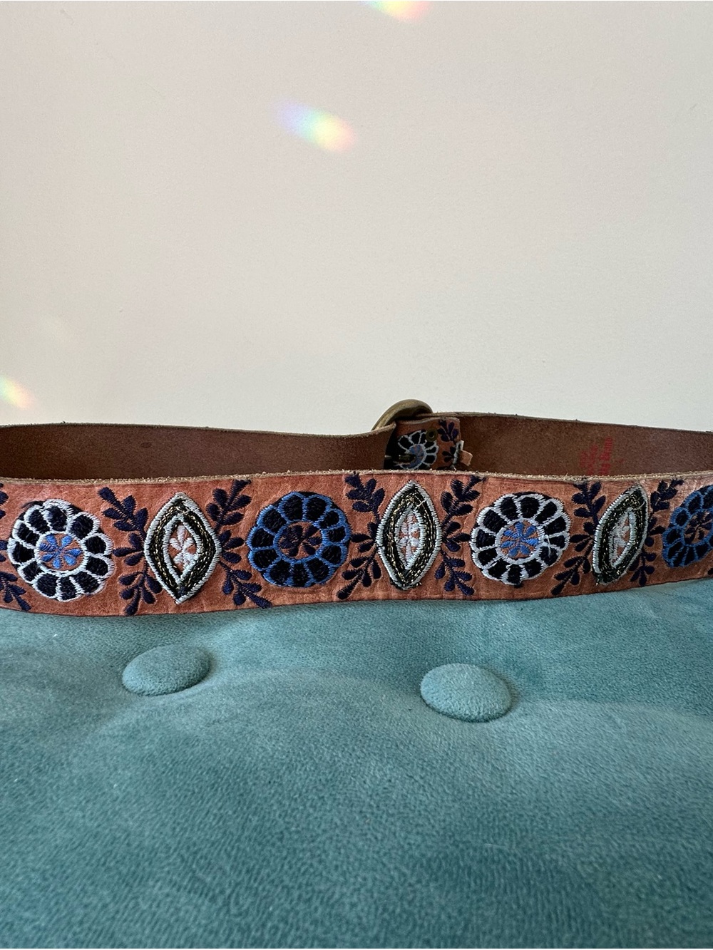 Lucky Brand Embroidered Suede Belt in Rust with Blue and Cream Details
